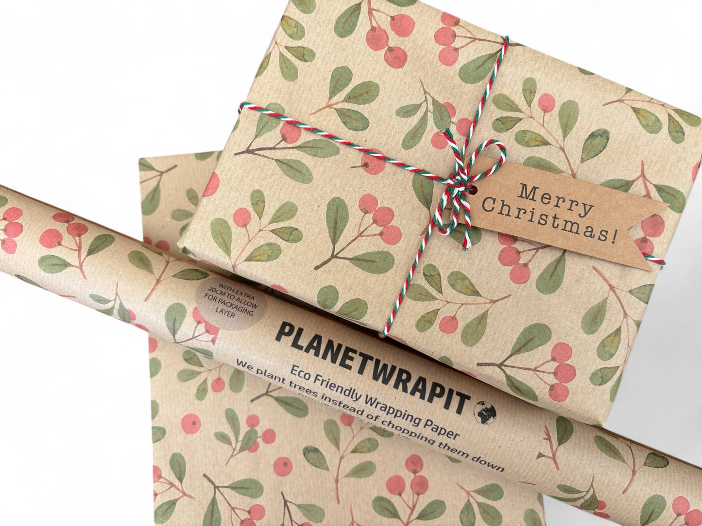 Christmas Mistletoe Recycled Eco Kraft Gift Wrapping Paper  : 1m x 50cm A4 Folded Sheet