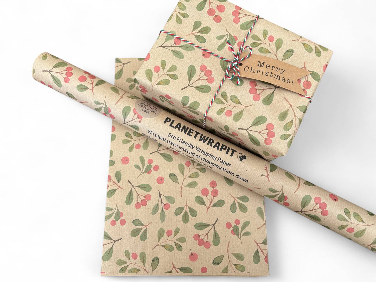 Christmas Mistletoe Recycled Eco Kraft Gift Wrapping Paper  : 1m x 50cm A4 Folded Sheet