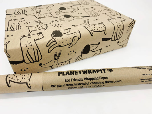 Dogs Recycled Eco Kraft Wrapping Paper: 1m x 50cm A4 Folded Sheet