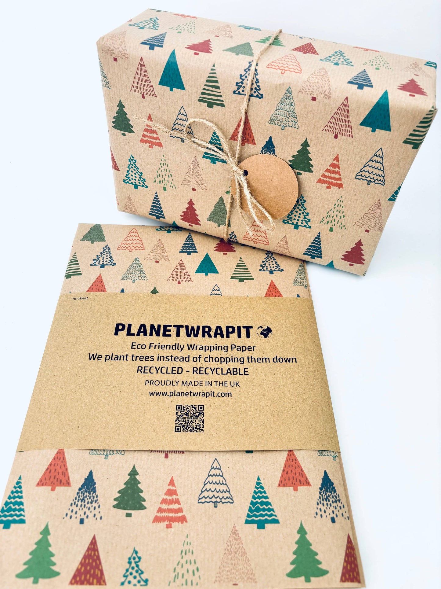 Colourful Christmas Trees Recycled Kraft Gift Wrapping Paper: 1m x 50cm A4 Folded Sheet