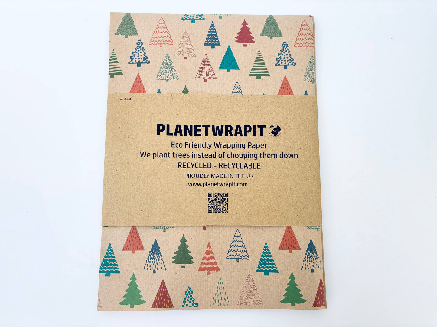 Colourful Christmas Trees Recycled Kraft Gift Wrapping Paper: 1m x 50cm A4 Folded Sheet