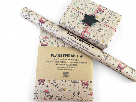 Rudolph and Santa Recycled Eco Kraft Gift Wrapping Paper : 1m x 50cm A4 Folded Sheet