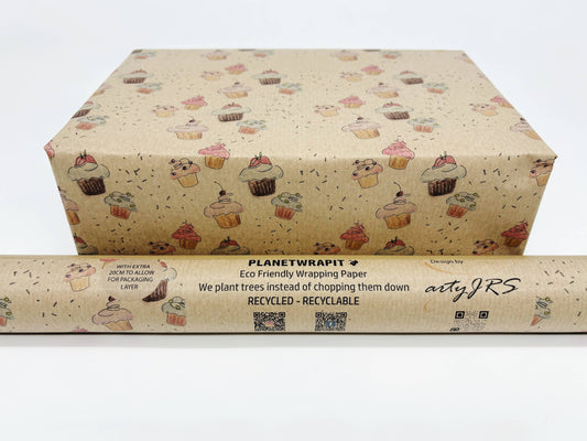 Cupcakes Recycled Kraft Wrapping Paper: 1m x 50cm A4 Folded Sheet