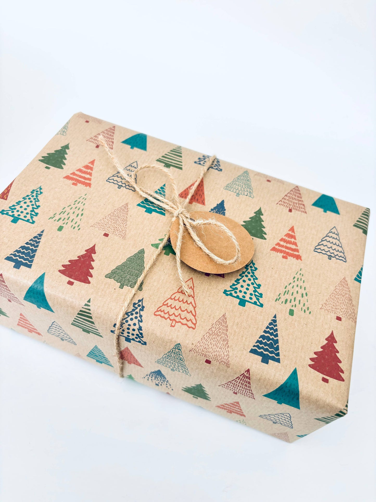 Colourful Christmas Trees Recycled Kraft Gift Wrapping Paper: 1m x 50cm A4 Folded Sheet