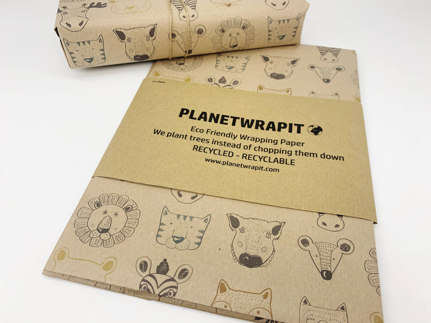 Wild Animals Recycled Eco Kraft Wrapping Paper: 1m x 50cm A4 Folded Sheet