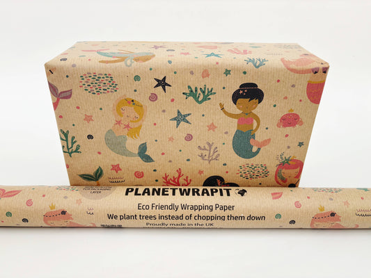 Mermaid Recycled Kraft Wrapping Paper Gift Wrap: 1m x 50cm A4 Folded Sheet