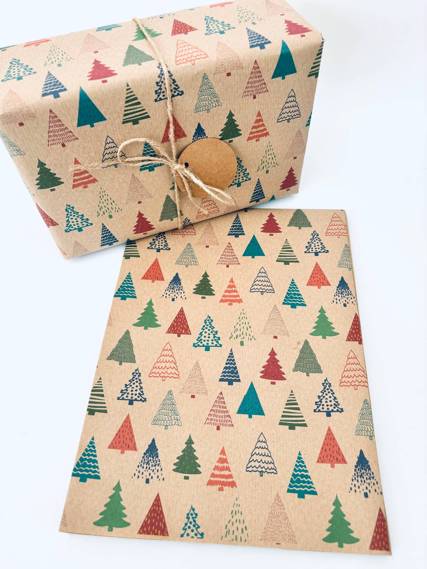 Colourful Christmas Trees Recycled Kraft Gift Wrapping Paper: 1m x 50cm A4 Folded Sheet
