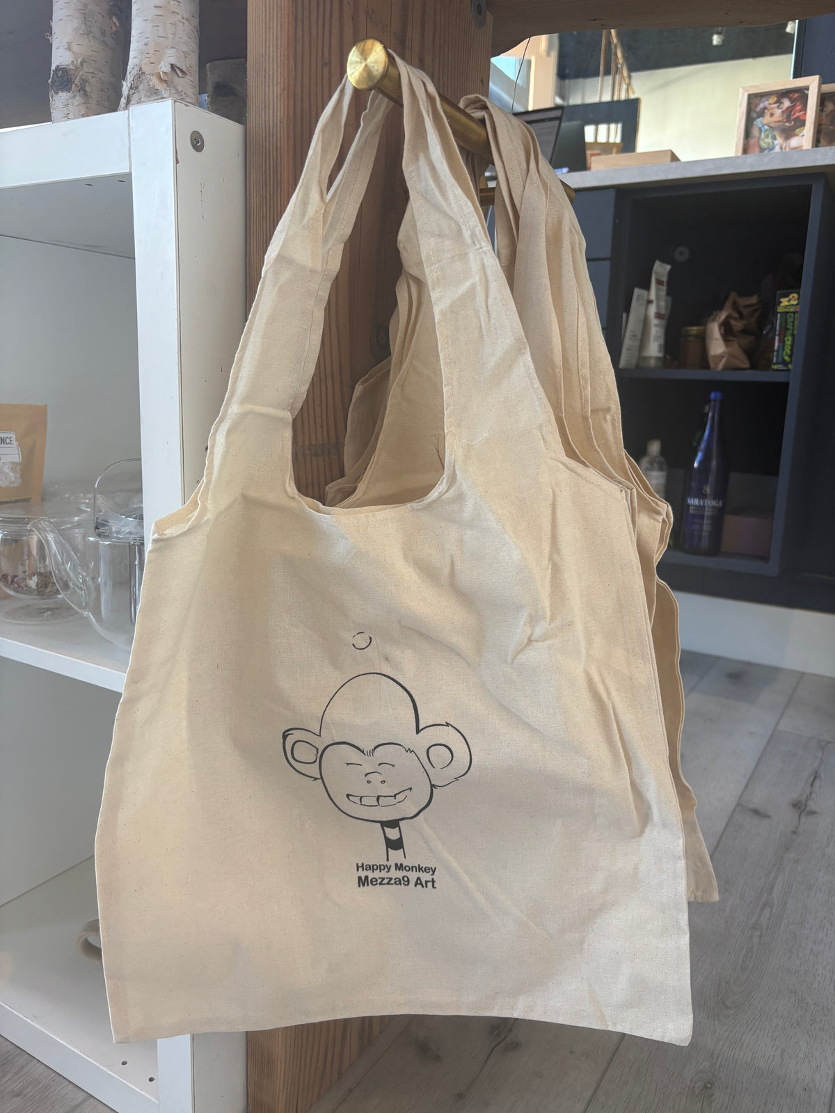 Happy Monkey Tote Bag - natural cotton, washable