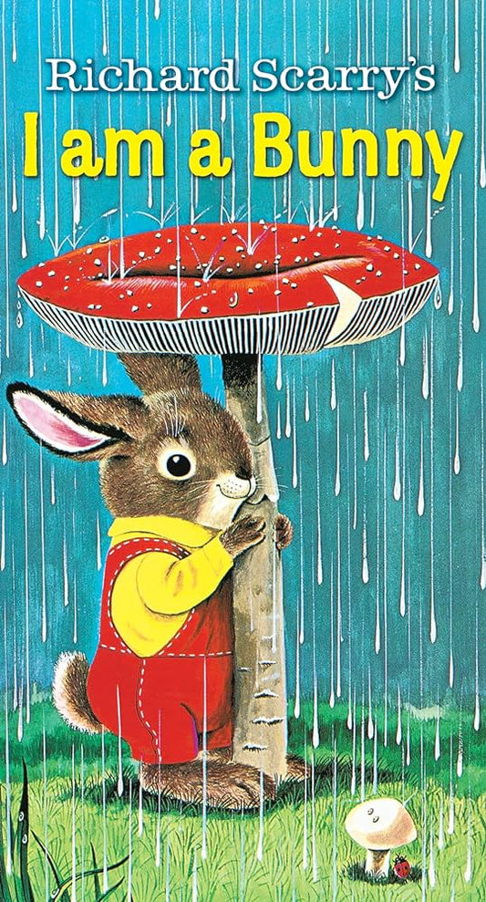 Book cover of 'I am a Bunny' by Richard Scarry with a rabbit holding a red umbrella in the rain.