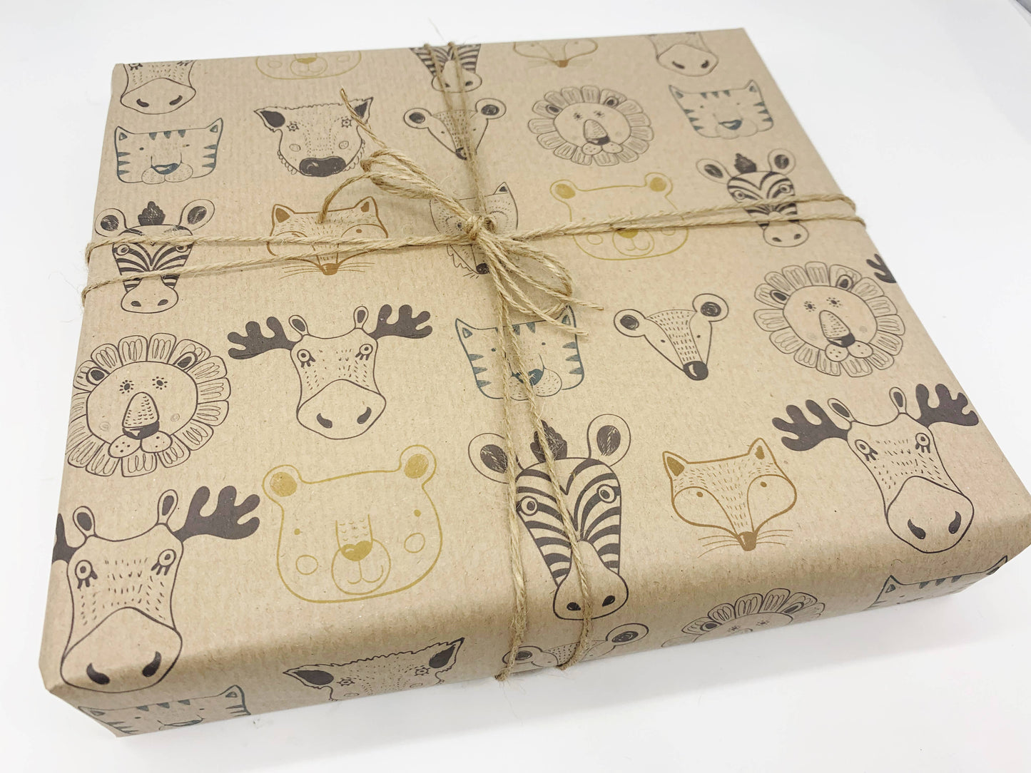 Wild Animals Recycled Eco Kraft Wrapping Paper: 1m x 50cm A4 Folded Sheet
