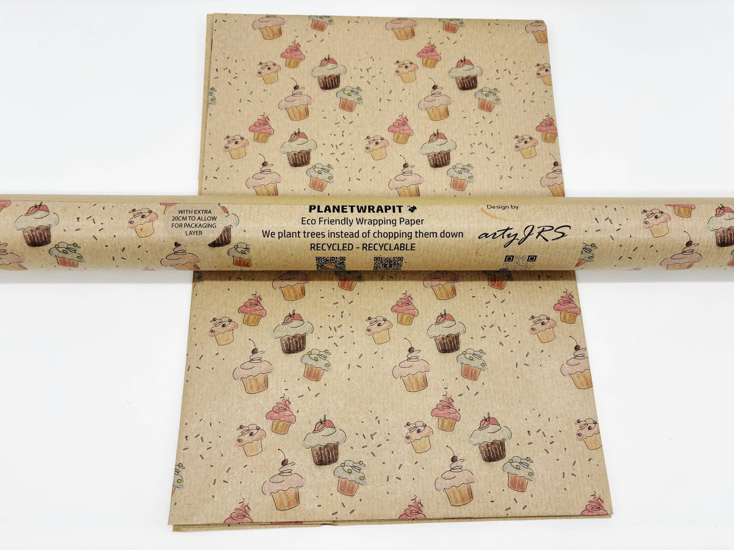 Cupcakes Recycled Kraft Wrapping Paper: 1m x 50cm A4 Folded Sheet