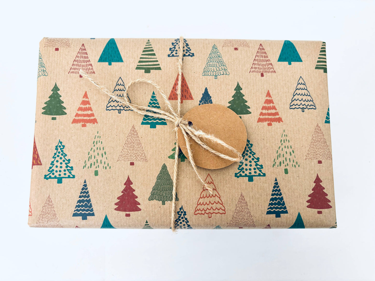 Colourful Christmas Trees Recycled Kraft Gift Wrapping Paper: 1m x 50cm A4 Folded Sheet