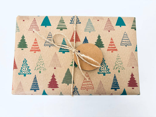 Colourful Christmas Trees Recycled Kraft Gift Wrapping Paper: 1m x 50cm A4 Folded Sheet
