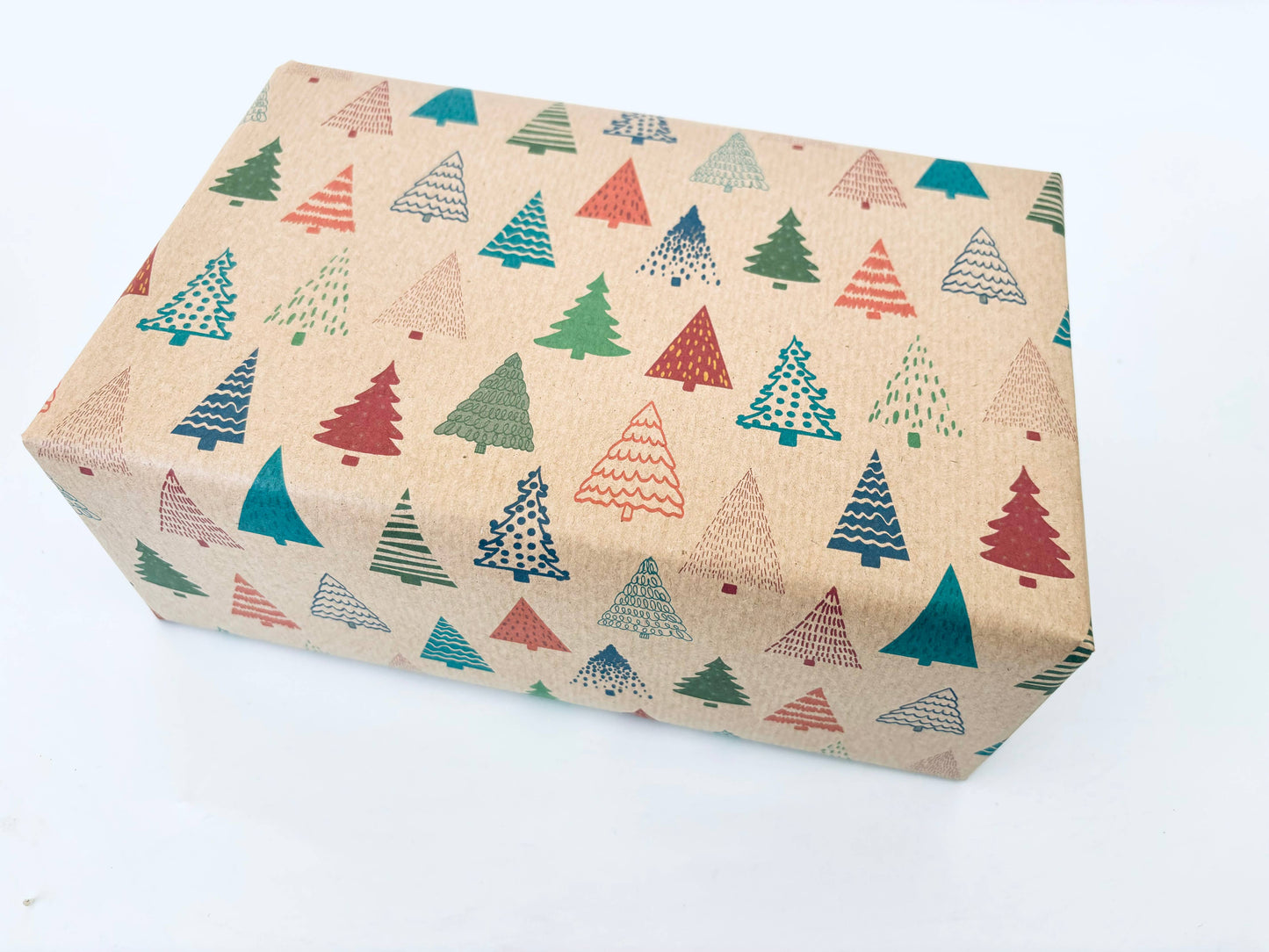 Colourful Christmas Trees Recycled Kraft Gift Wrapping Paper: 1m x 50cm A4 Folded Sheet