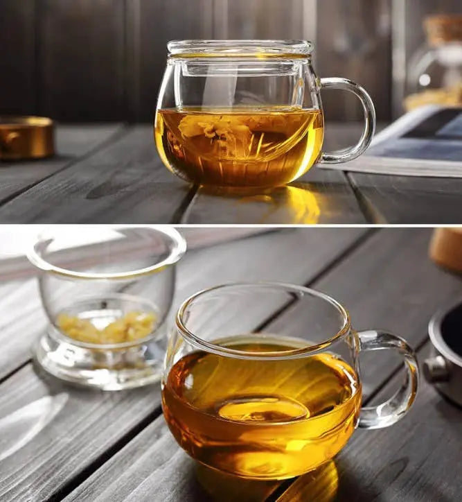 Clear Glass Tea Cup with Infuser and Lid, Borosilicate Large: 1 Set VIGOR