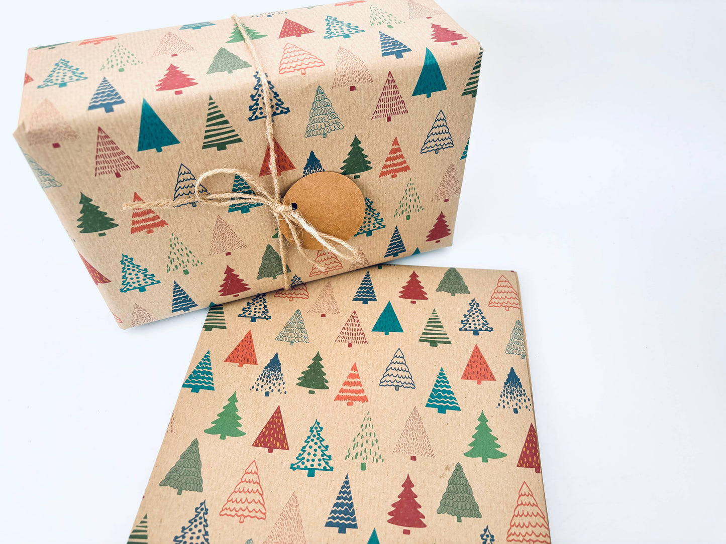 Colourful Christmas Trees Recycled Kraft Gift Wrapping Paper: 1m x 50cm A4 Folded Sheet