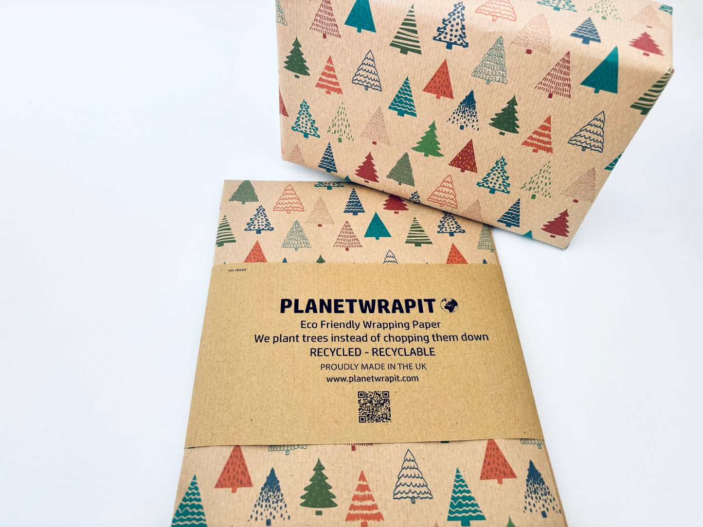 Colourful Christmas Trees Recycled Kraft Gift Wrapping Paper: 1m x 50cm A4 Folded Sheet