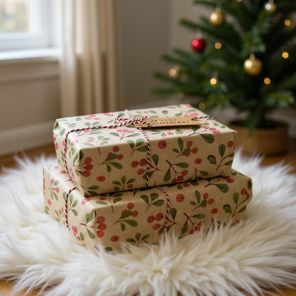 Christmas Mistletoe Recycled Eco Kraft Gift Wrapping Paper  : 1m x 50cm A4 Folded Sheet