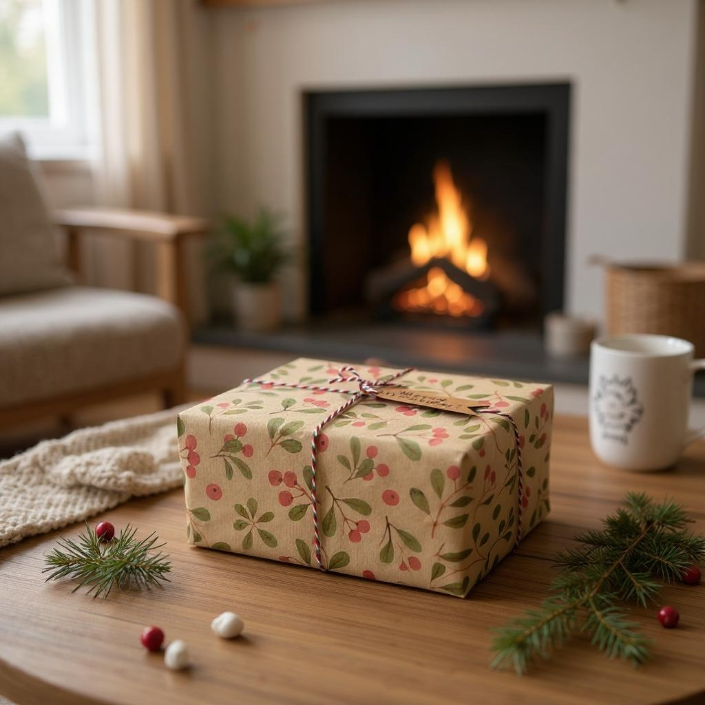 Christmas Mistletoe Recycled Eco Kraft Gift Wrapping Paper  : 1m x 50cm A4 Folded Sheet