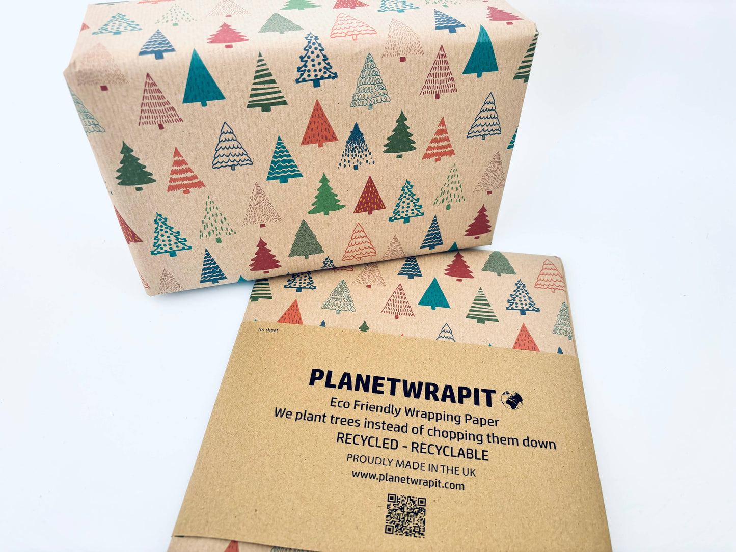 Colourful Christmas Trees Recycled Kraft Gift Wrapping Paper: 1m x 50cm A4 Folded Sheet