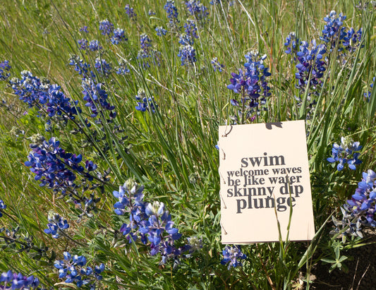 swim, welcome waves, be like water, skinny dip... Natural Greeting Card by artist Mezza9